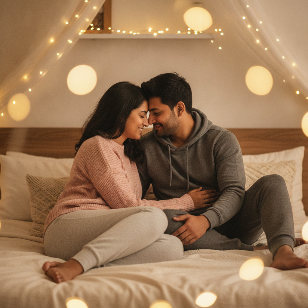 A young Indian couple relaxing close together on a bed with warm fairy lights, smiling tenderly