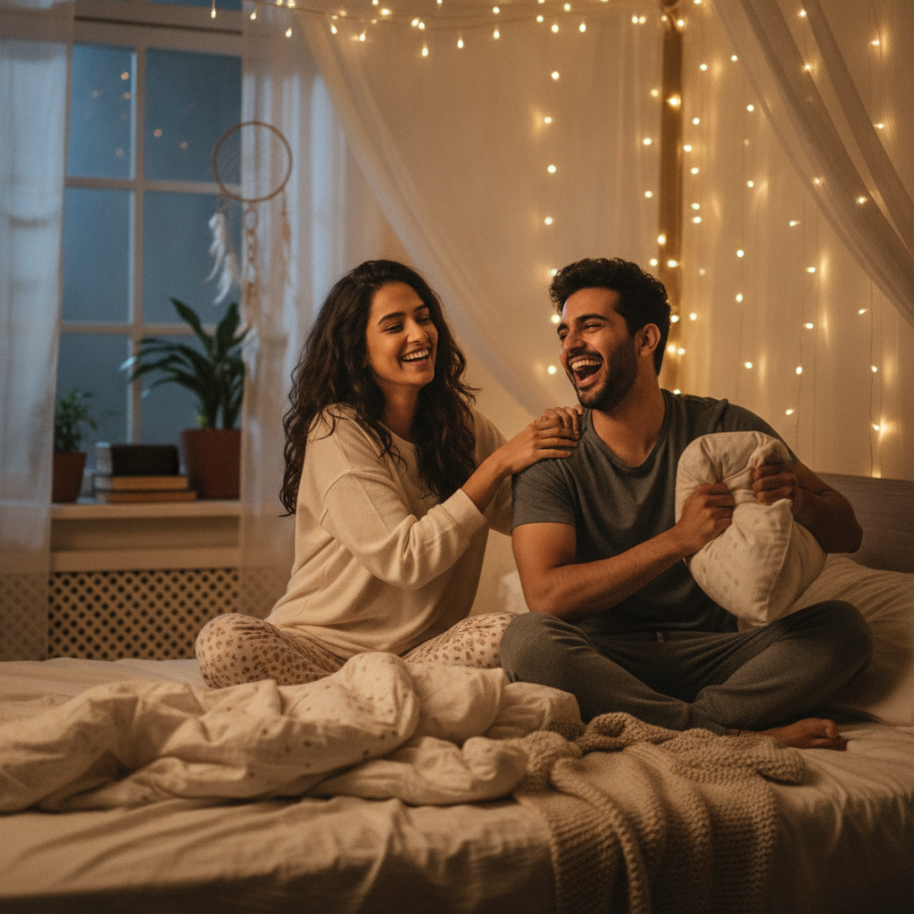 A young Indian couple laughing together in a cozy bedroom