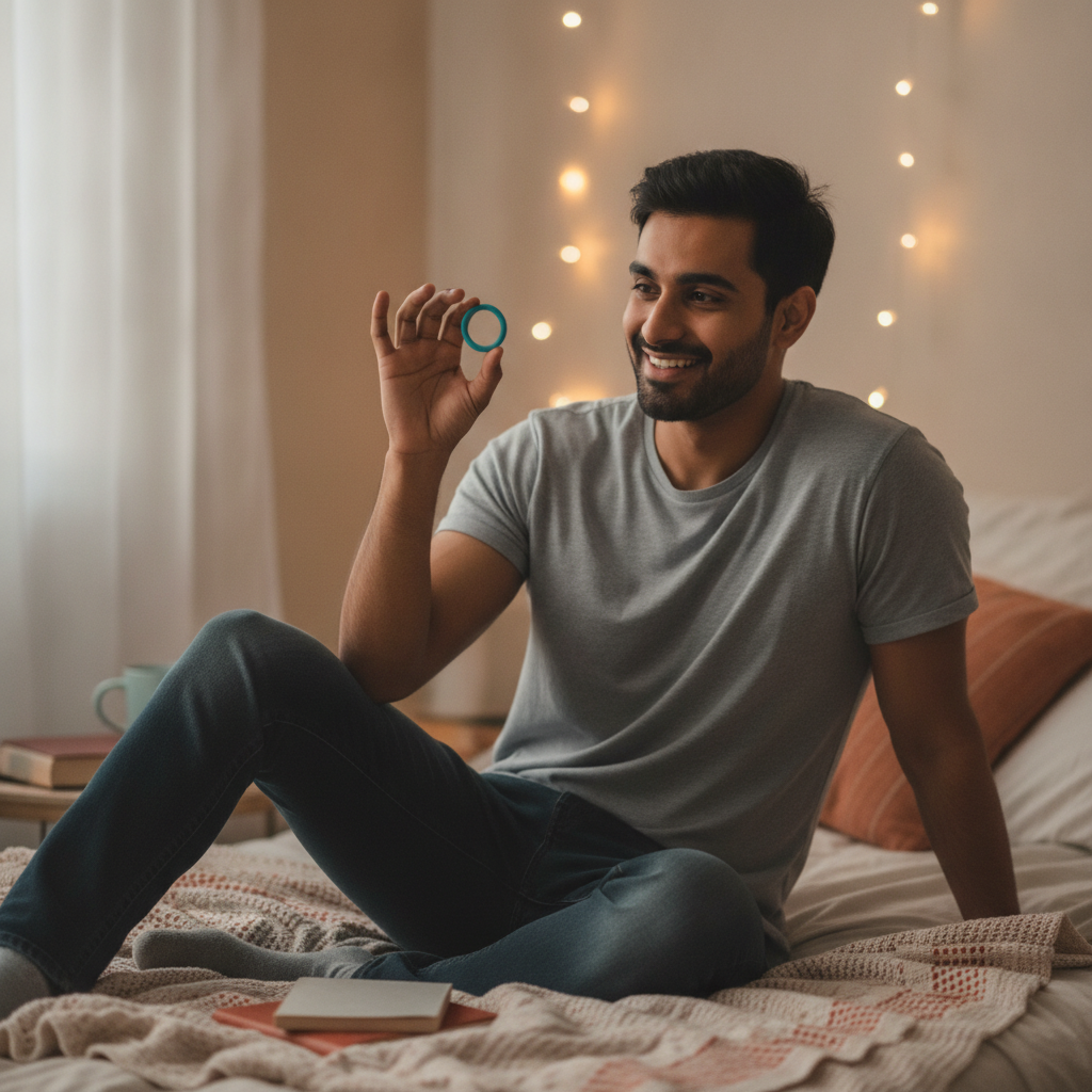 A young Indian man holding a vibrating ring, relaxed at home